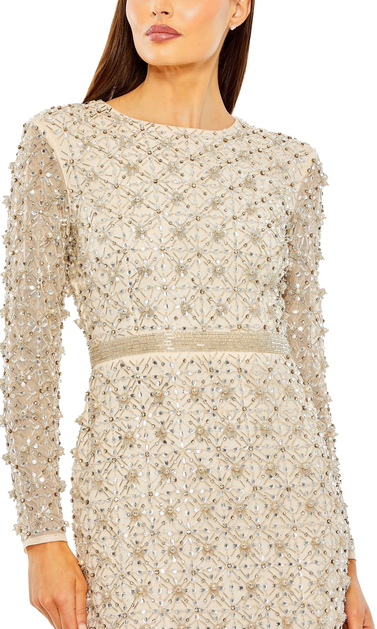 Woman wearing the Long Formal Dress 93827 by Mac Duggal, a formal gown with long sleeves, intricate beadwork, and embellishments, shown from mid-thigh up.